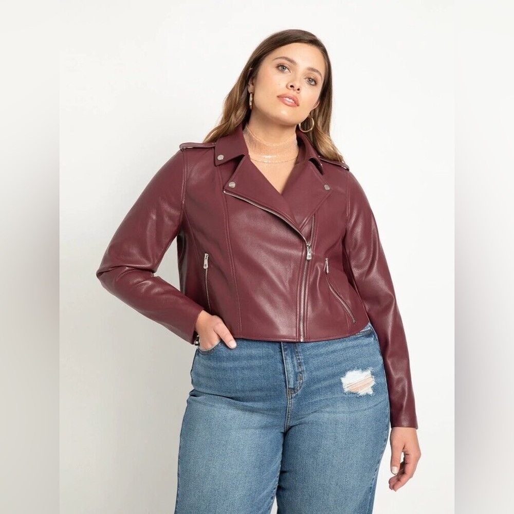 ELOQUII Faux Leather Moto Jacket in Maroon Banner